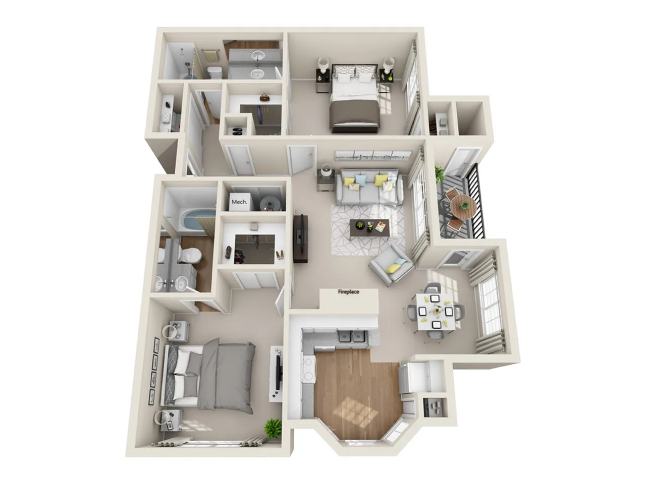 Beautifully designed 3D floor plan featuring 2 bedrooms, 2 bathrooms, an open-concept living area with a cozy fireplace, modern kitchen, and a sunlit dining space adjacent to a balcony.