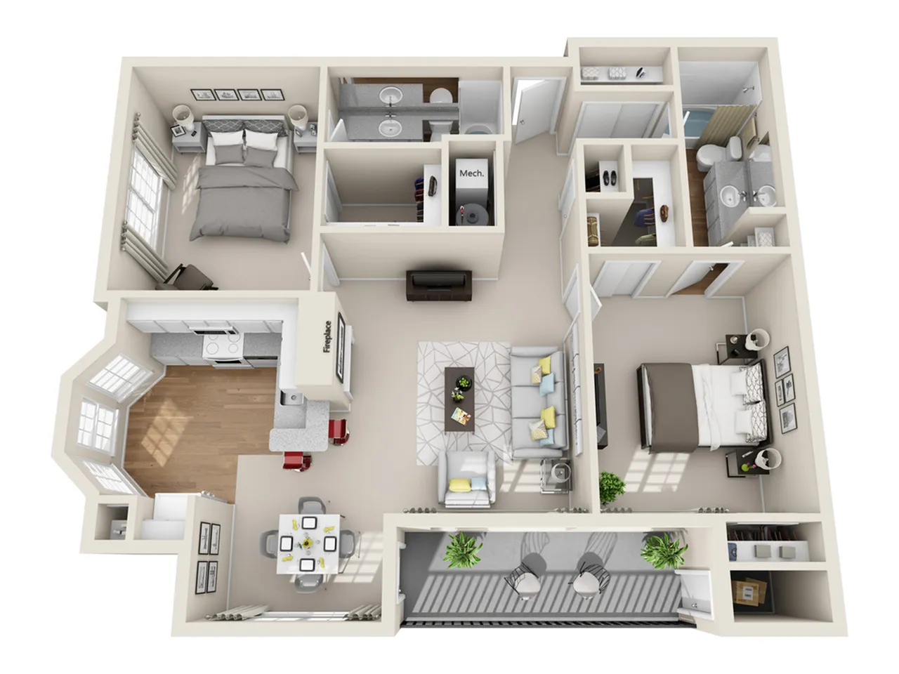 Elegant 3D floor plan showcasing two spacious bedrooms, cozy living area with fireplace, modern kitchen, and inviting balcony.