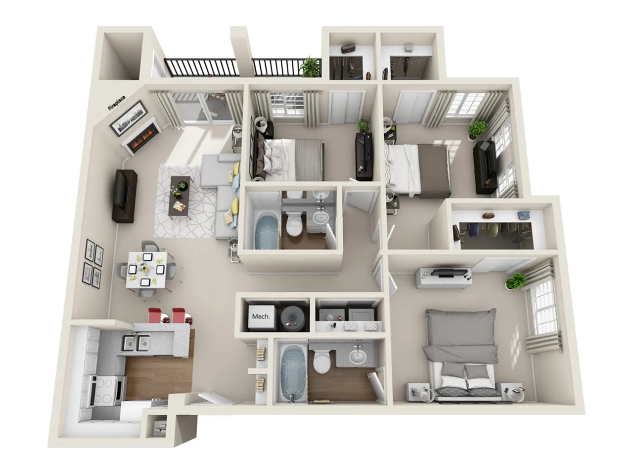 Contemporary 3D floor plan showcasing 3 spacious bedrooms, elegant open living area with fireplace, modern kitchen, and dual bathrooms, offering a comfortable and stylish layout.