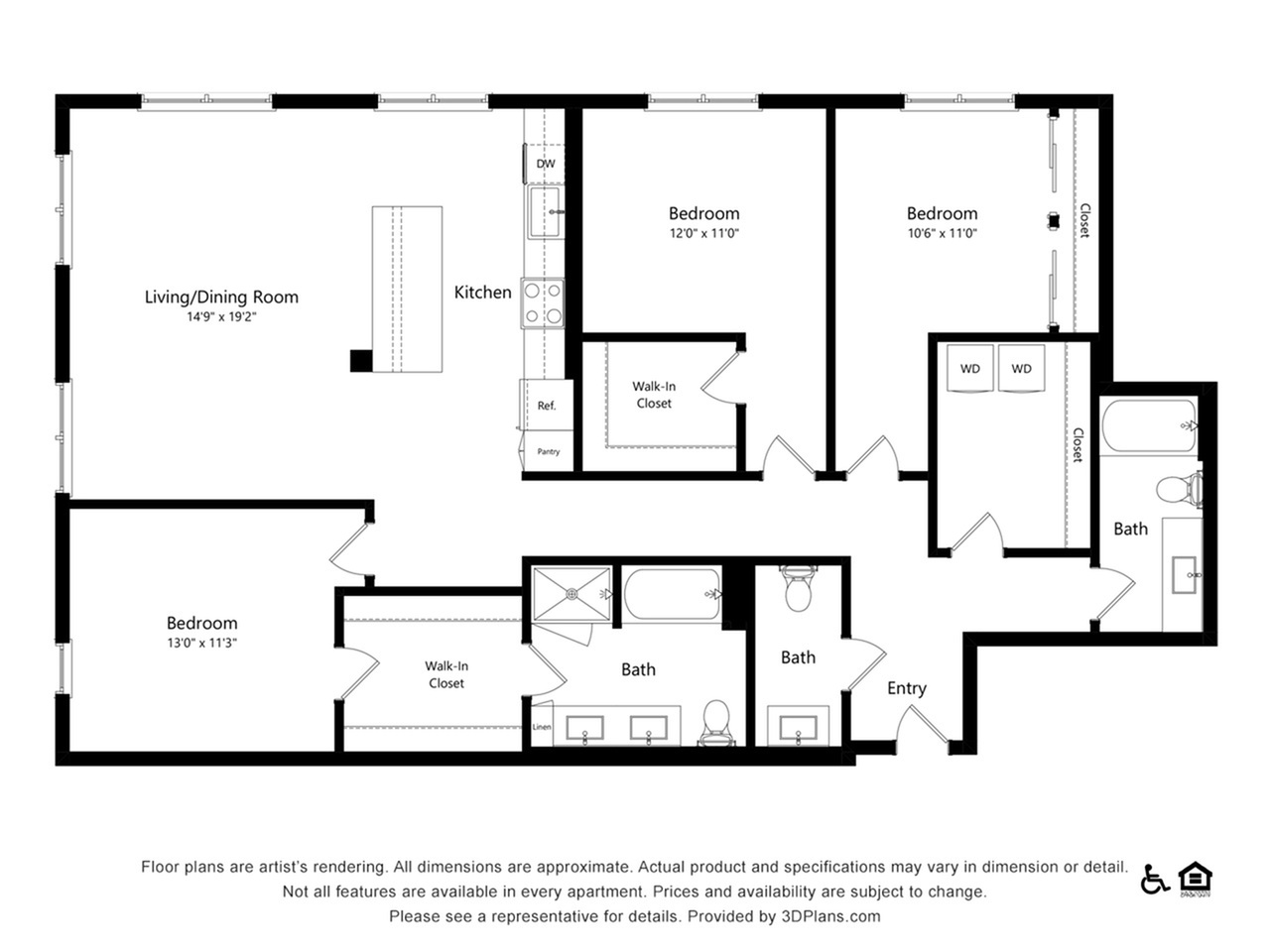 Contemporary 3-bedroom floor plan with spacious living/dining area, modern kitchen, and ample storage including walk-in closets.