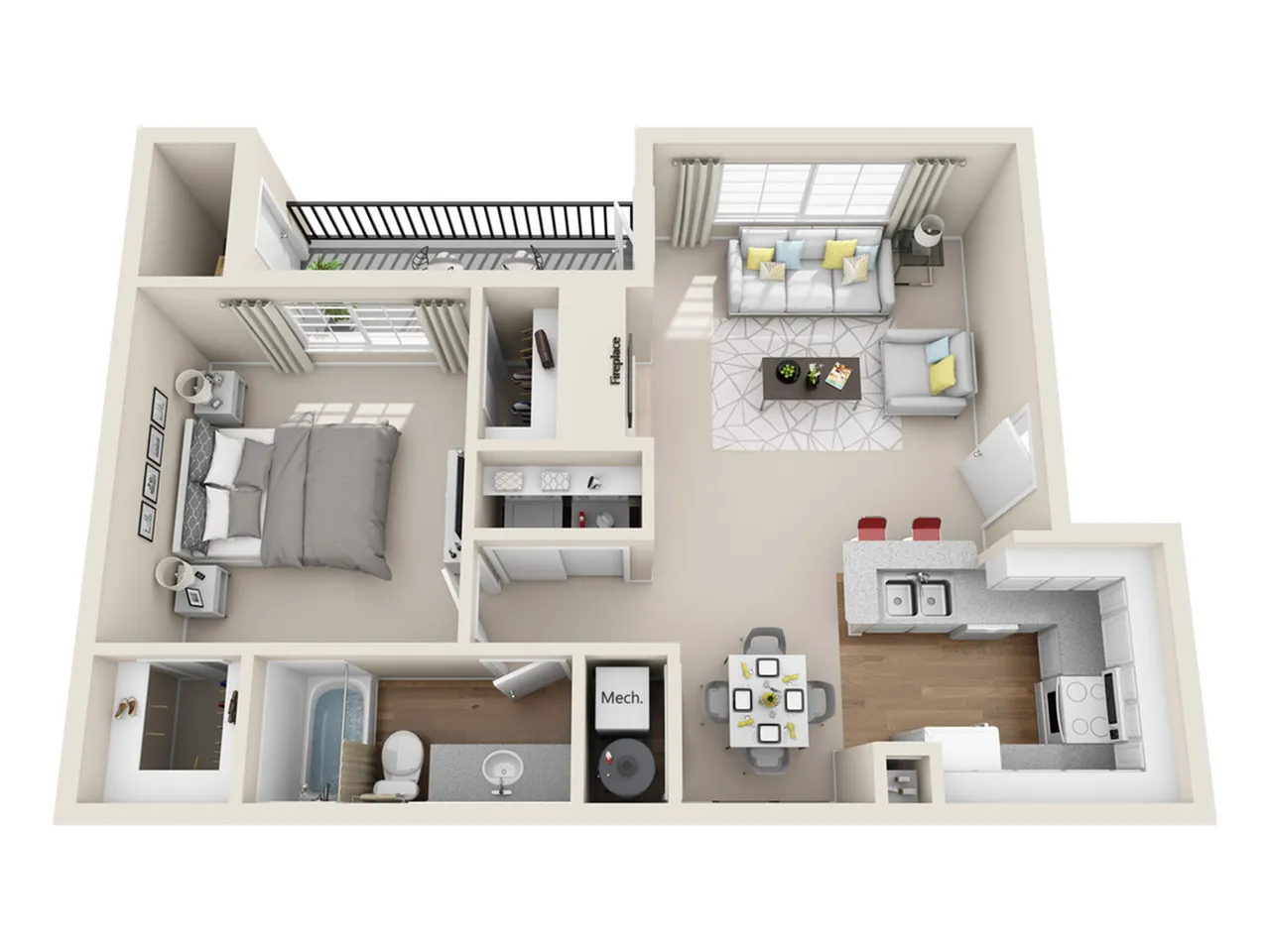 Charming 3D floor plan showcasing a cozy one-bedroom apartment with modern living and dining areas, a compact kitchen, and a balcony view.