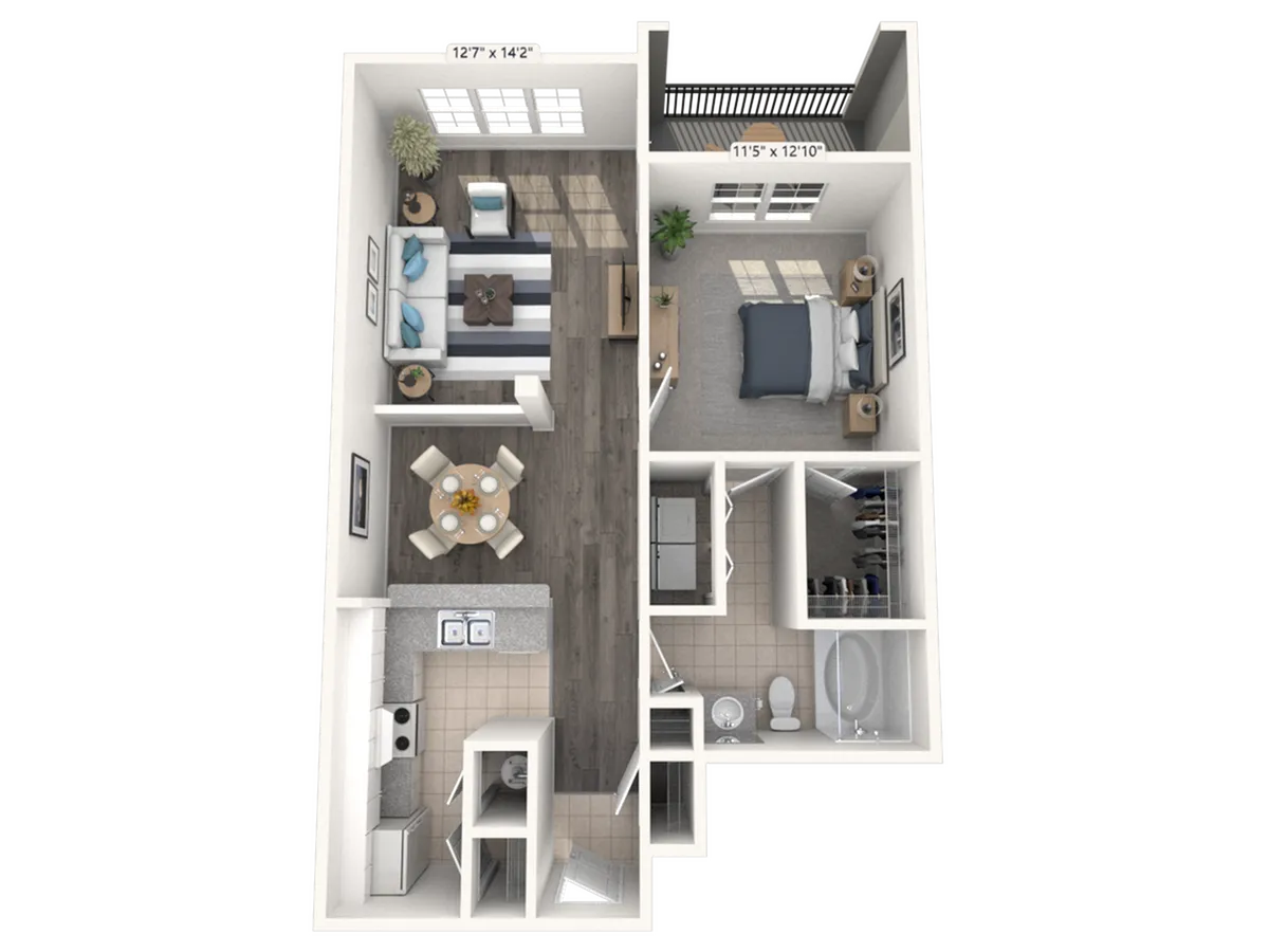 Elegant apartment floor plan featuring two cozy bedrooms, an open living area, modern kitchen, and sleek bathrooms.