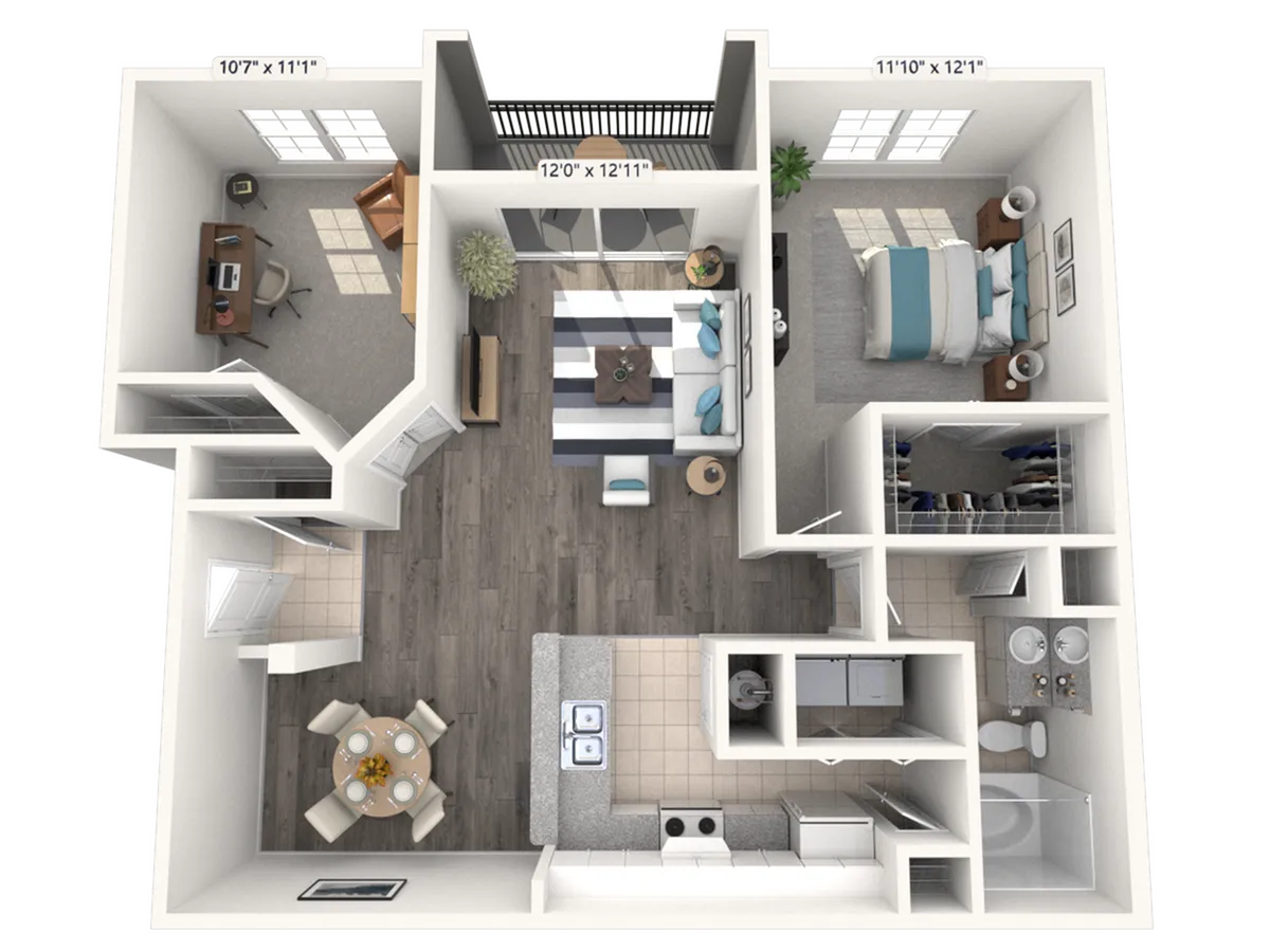 Elegant 3D floor plan showcasing a spacious one-bedroom apartment with a cozy living room, modern kitchen, dedicated office space, and stylish bathroom.