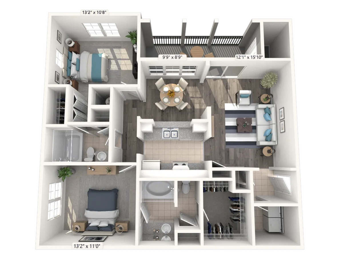 Elegant floor plan showcasing 2 bedrooms, open living-dining area, modern kitchen, and private balcony.