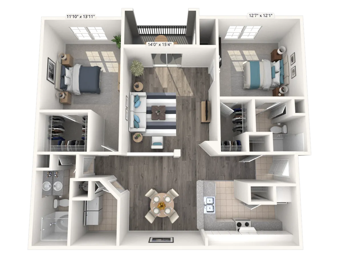 Modern 3D floor plan showcasing 2 spacious bedrooms, a cozy living room, and a stylish kitchen with dining area.