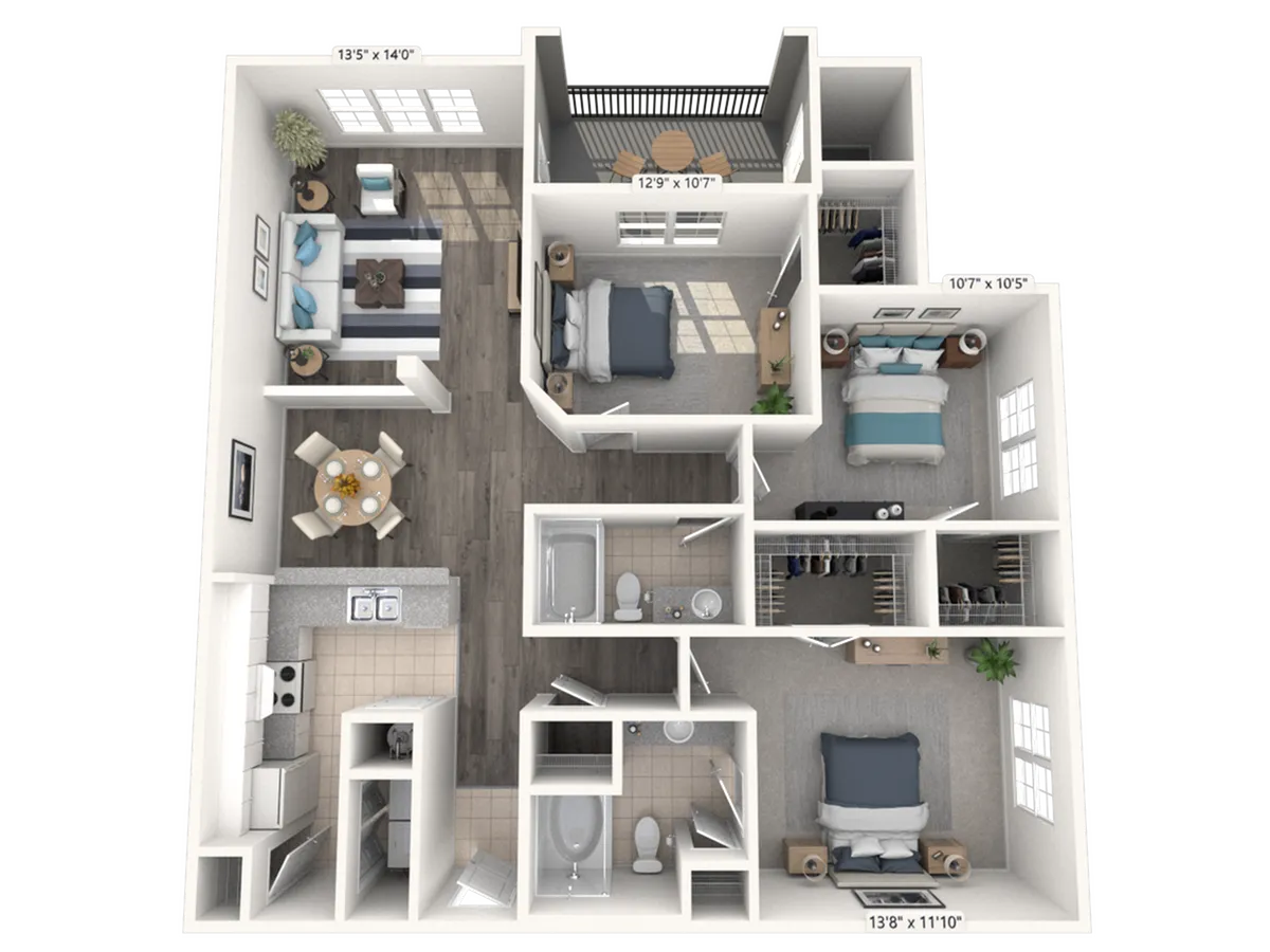 Modern apartment floor plan with 3 bedrooms, open living-dining area, sleek kitchen, and two bathrooms offering comfort and style.