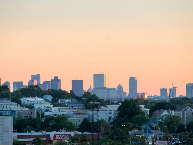 Roof deck views of Boston skyline