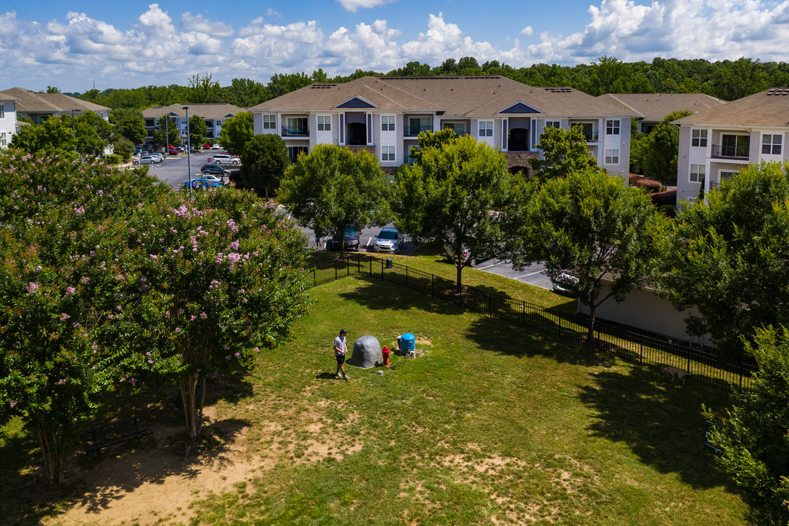 Charming residential complex with lush greenery, spacious parking, and a serene open lawn ideal for leisure activities.