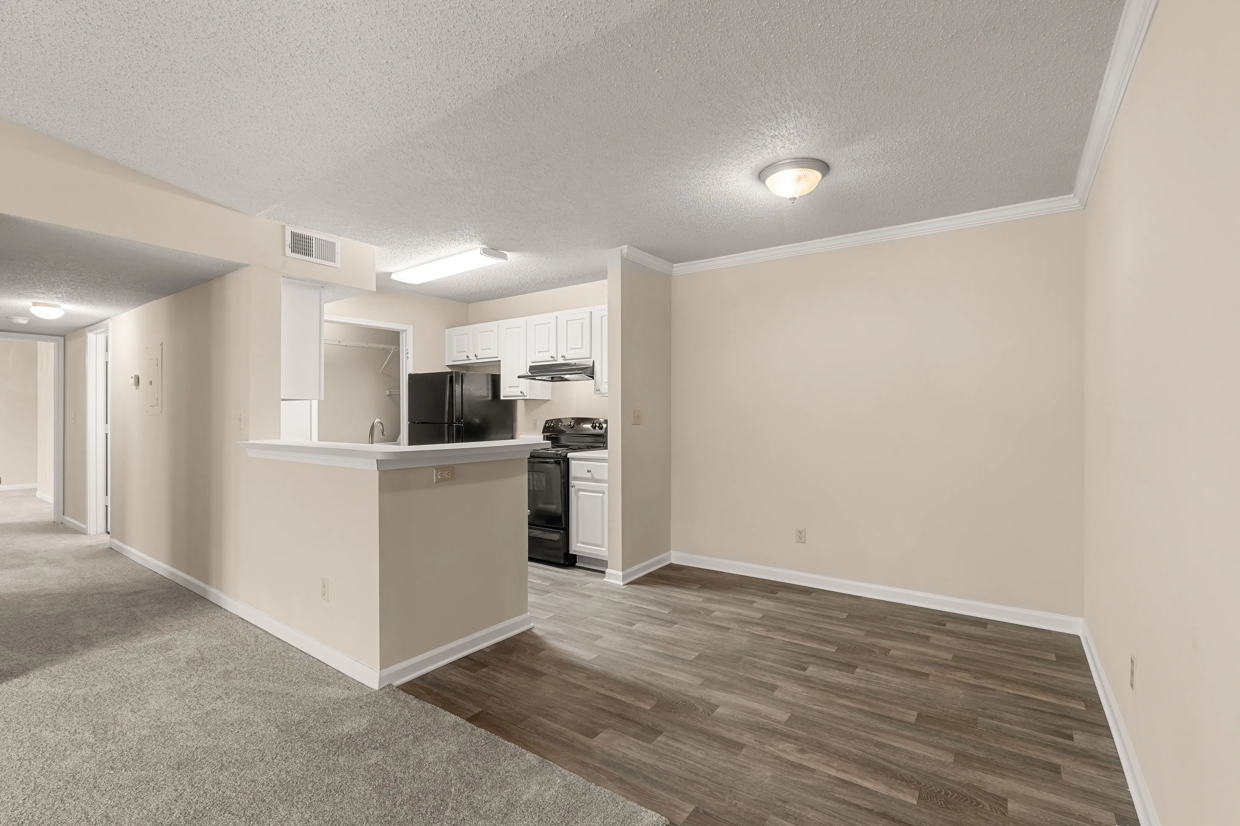 Inviting apartment with modern open kitchen design, featuring sleek stainless steel appliances and elegant wood-style flooring.