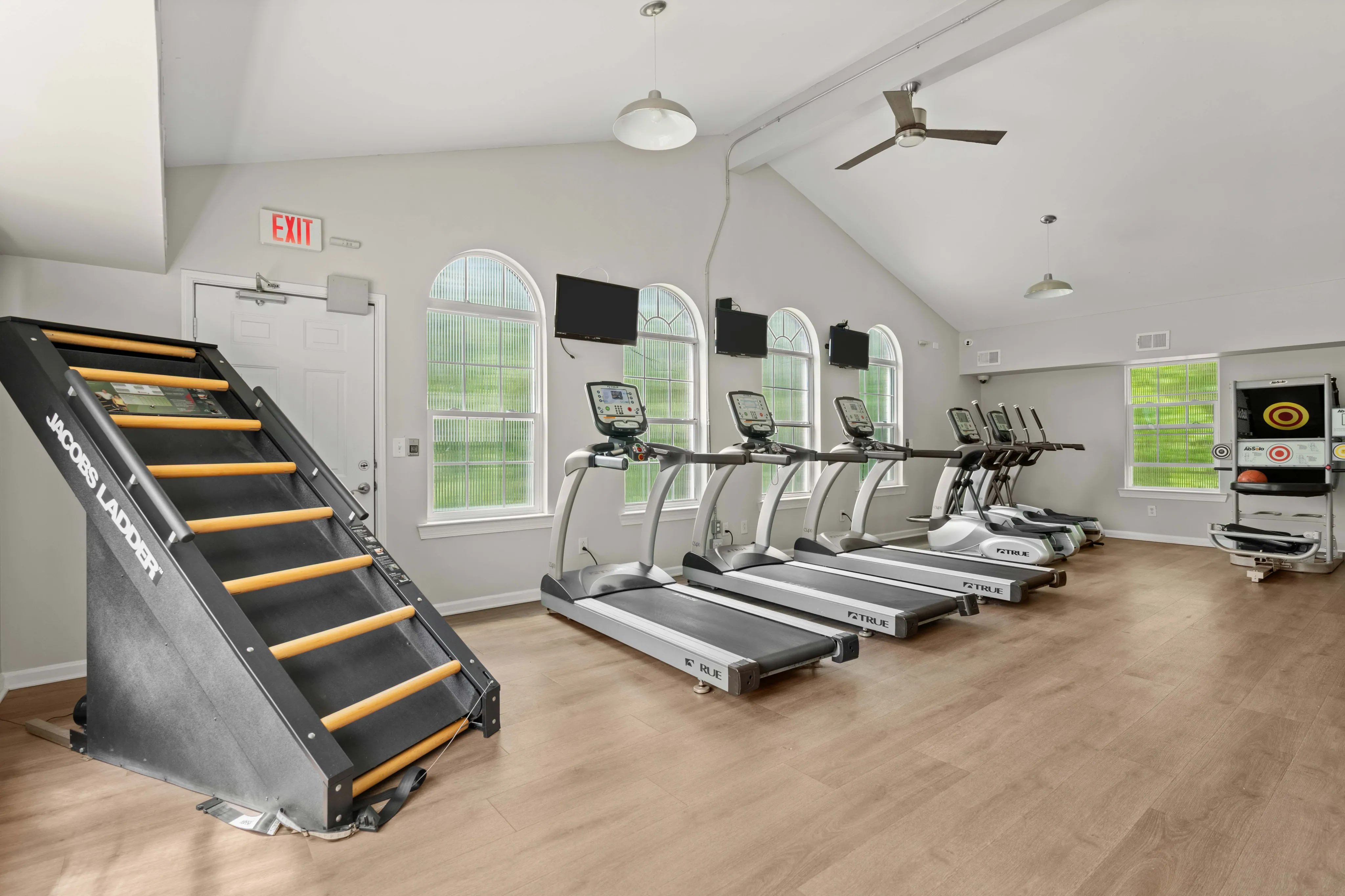 Modern fitness center with sleek treadmills, Jacob\'s Ladder, and bright natural lighting from arched windows.