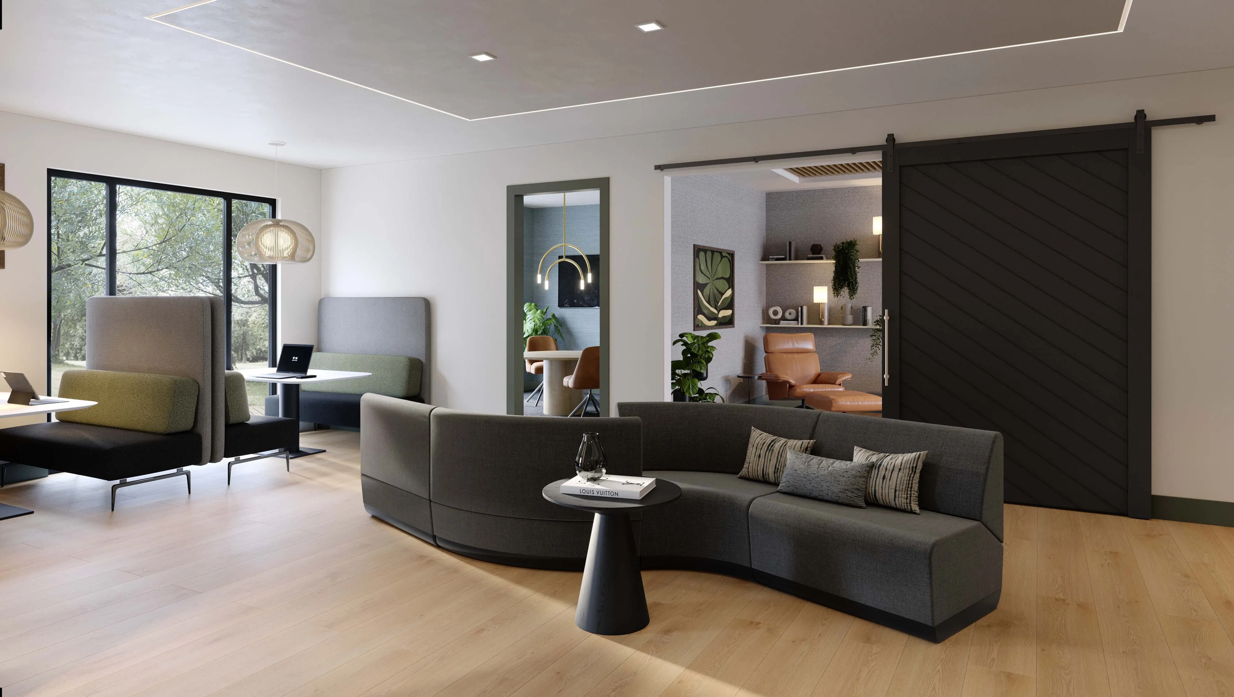 Co-working lounge with a sleek curved sofa, stylish wooden flooring, and elegant lighting, featuring cozy seating areas and a contemporary decorative panel.