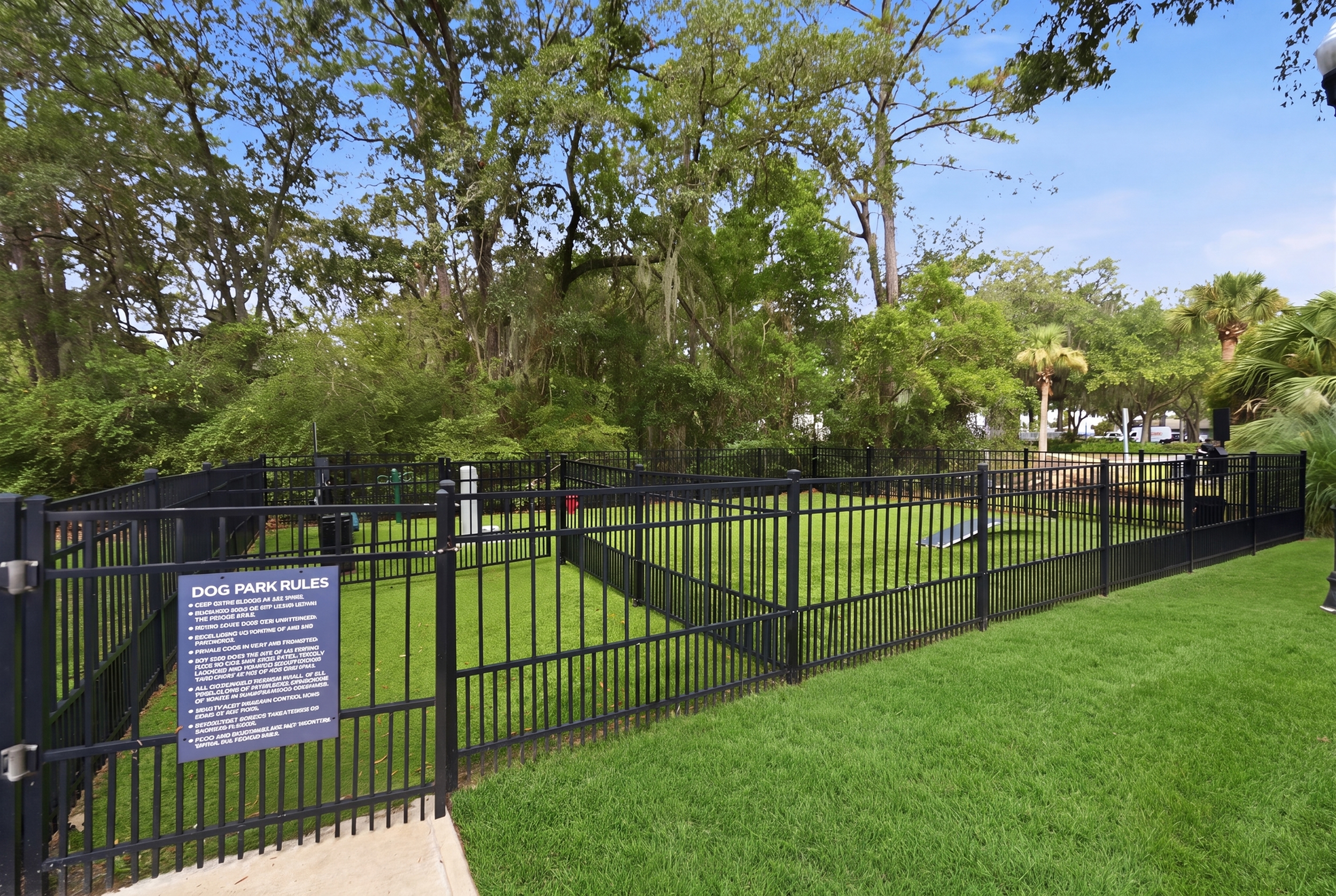Charming dog park with lush greenery, secure fencing, and convenient amenities for pet-friendly living.