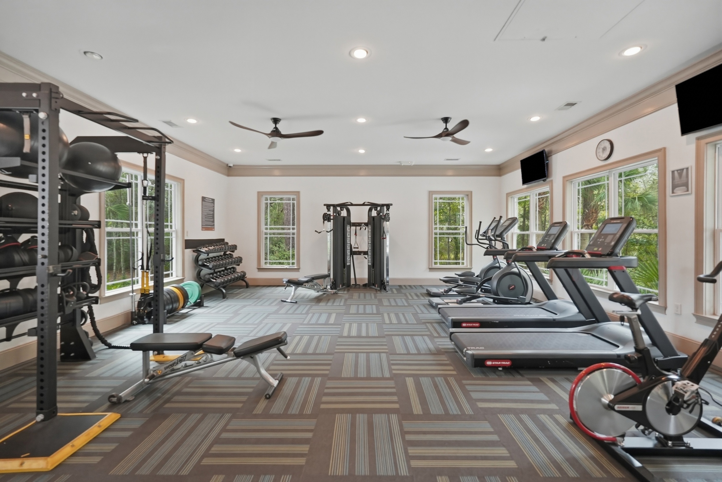 State-of-the-art fitness center with modern equipment, featuring treadmills, weight racks, and ample natural light from large windows.