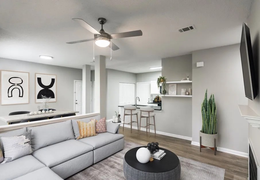 Spacious renovated living area, dining area, and kitchen