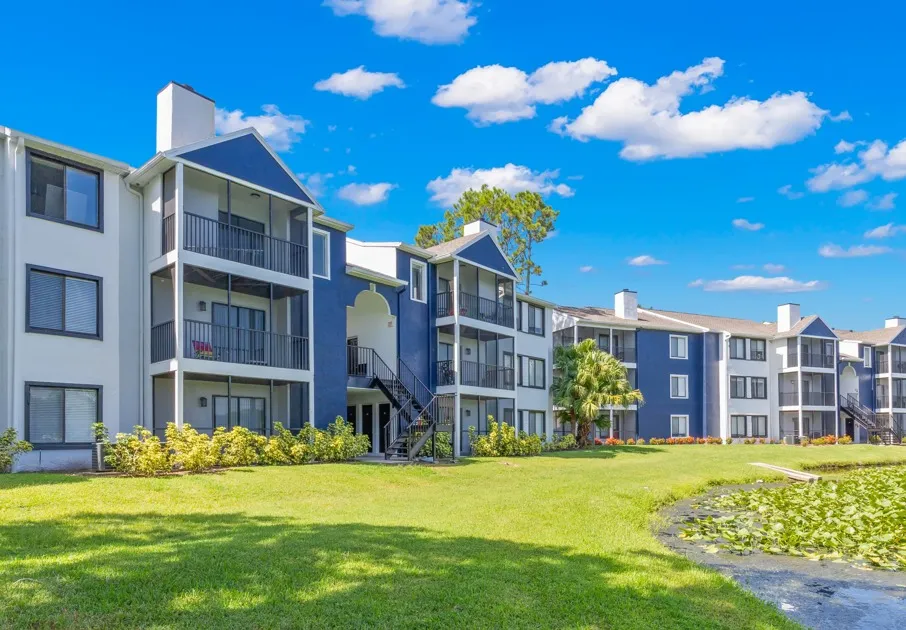 The grounds at our apartments for rent in Clearwater, FL, featuring a view of the apartment exteriors.