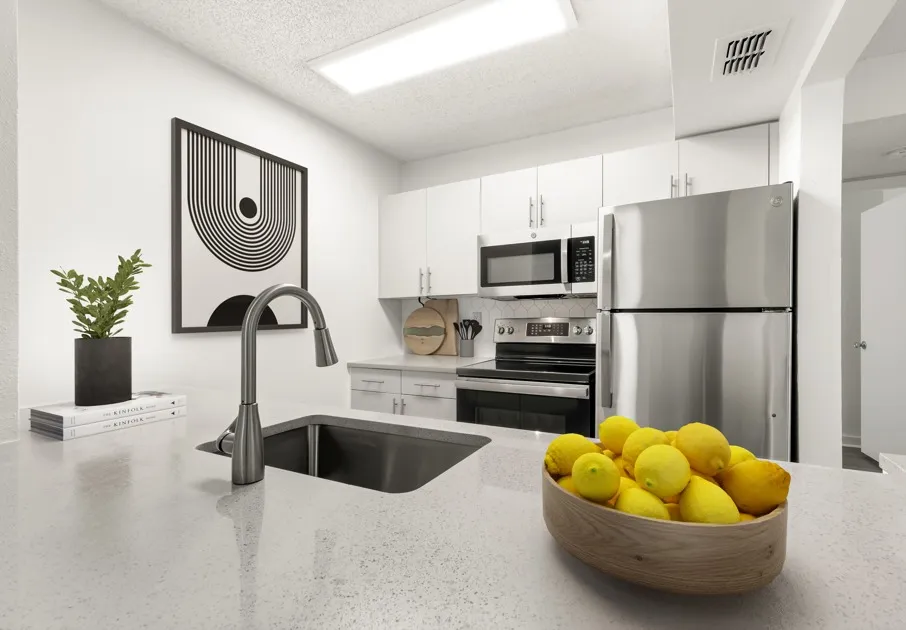 Model kitchen at Avana Lakeview Apartments in Clearwater, FL, featuring stainless steel appliances and white cabinetry.