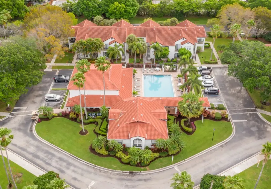 Drone photo of clubhouse and pool