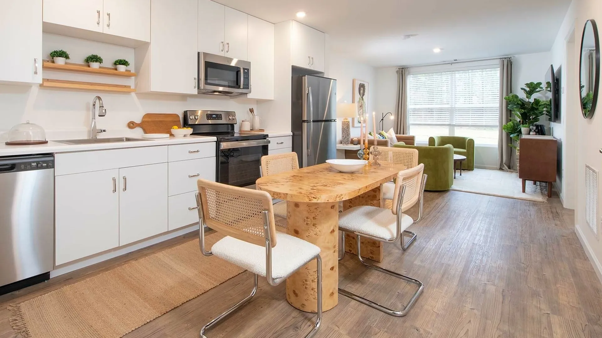 Kitchen, dining and living room in model