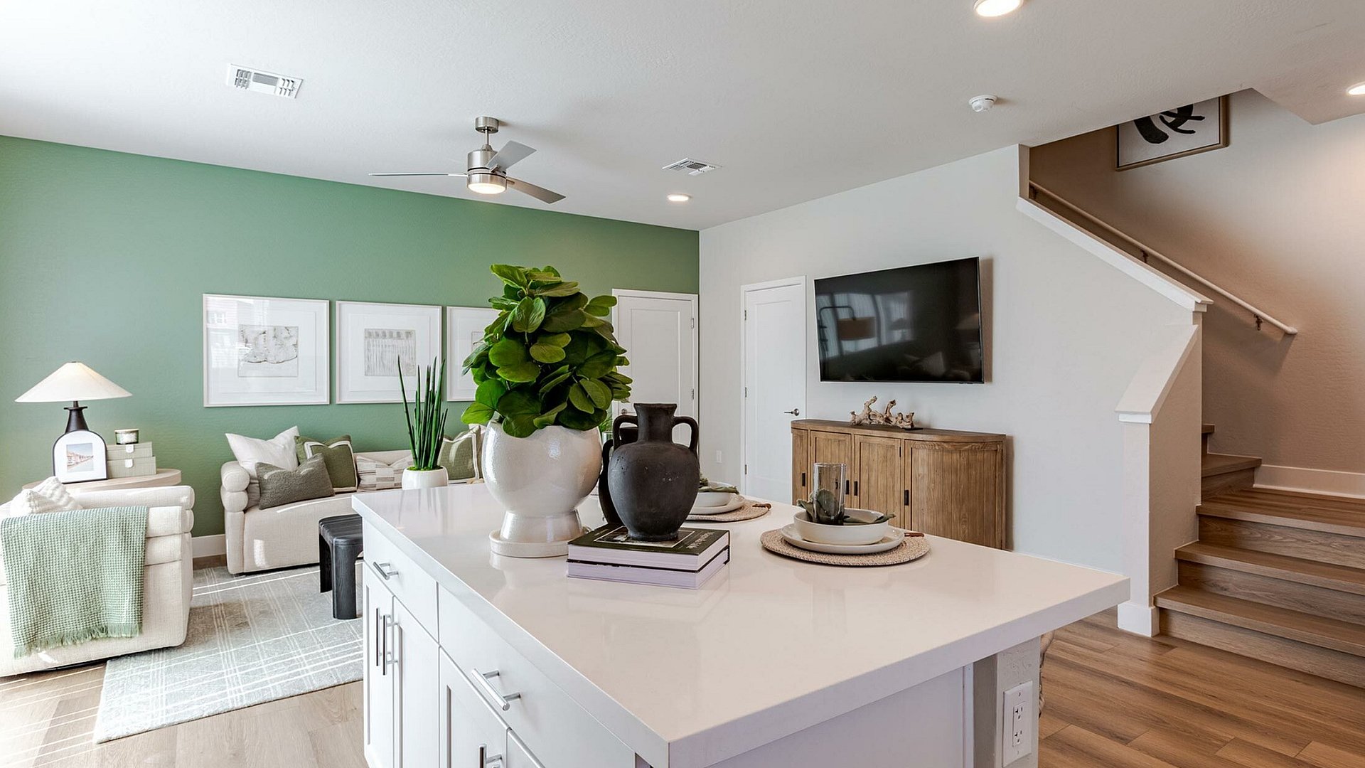 kitchen with island and living room