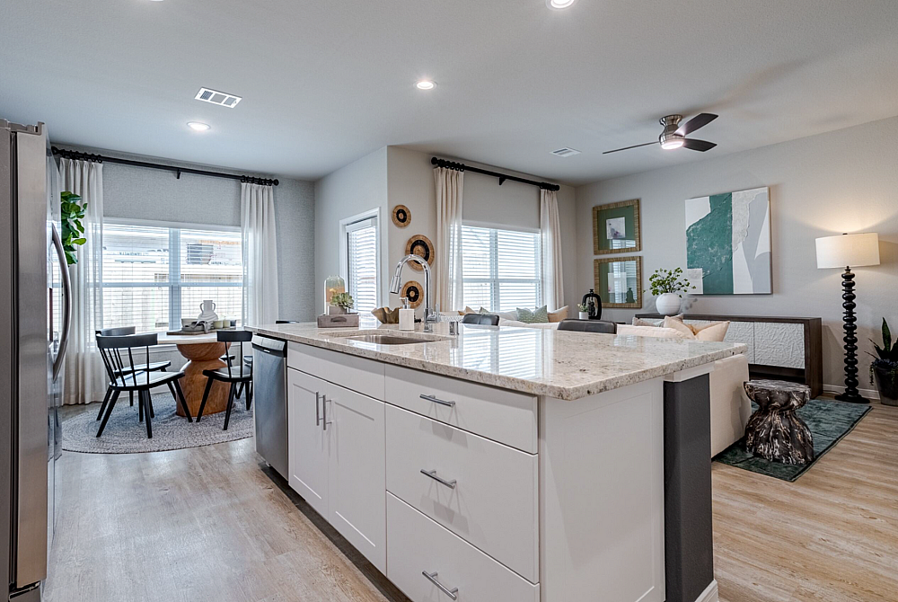 kitchen with island and dining room