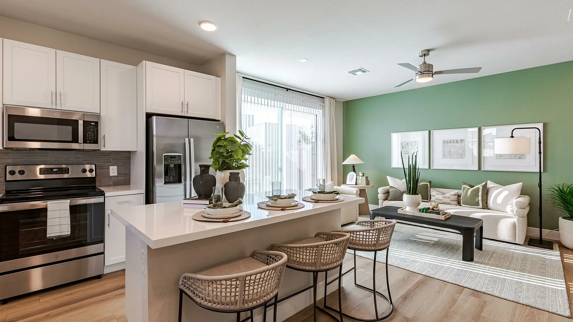 kitchen with island and living room