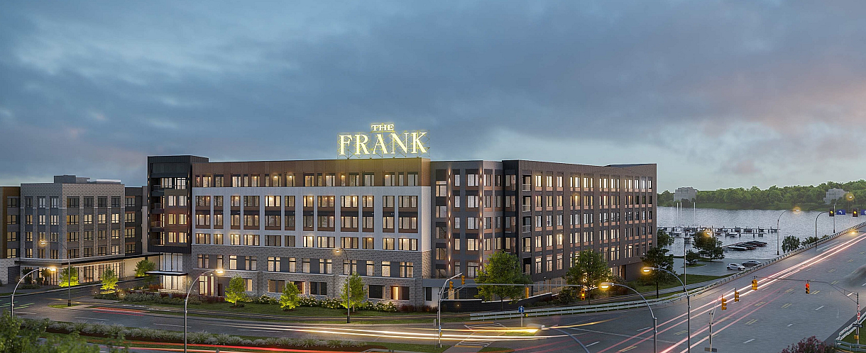 The Frank building in the evening