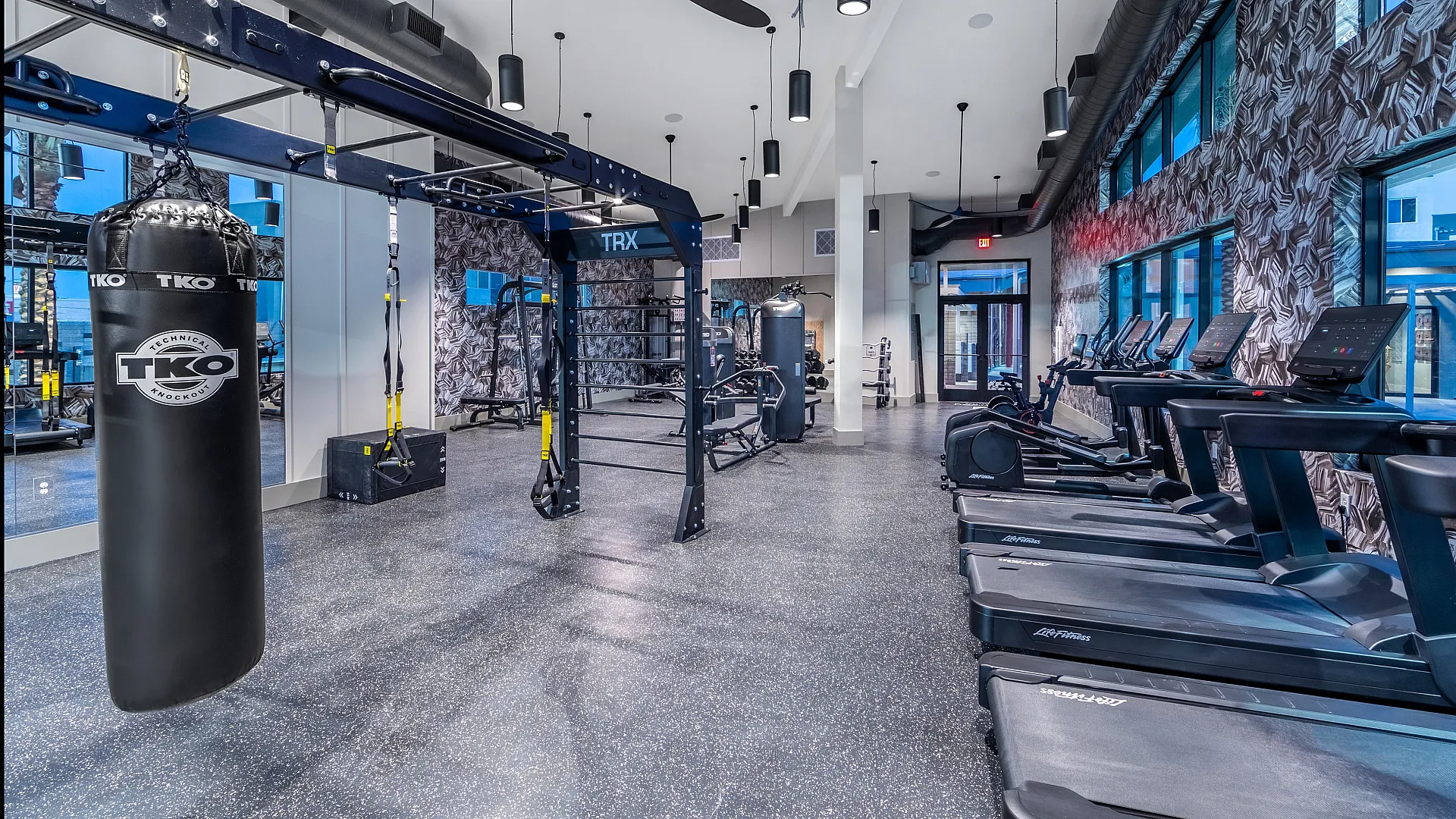 Modern gym with state-of-the-art fitness equipment, TRX station, punching bag, and treadmills, surrounded by stylish decor and ample natural light.