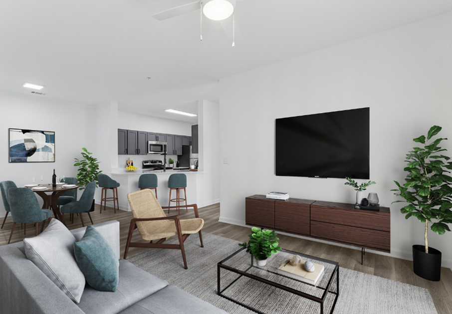 Modern open-concept living and dining area with stylish furniture, sleek kitchen, and contemporary decor for a cozy and elegant home.