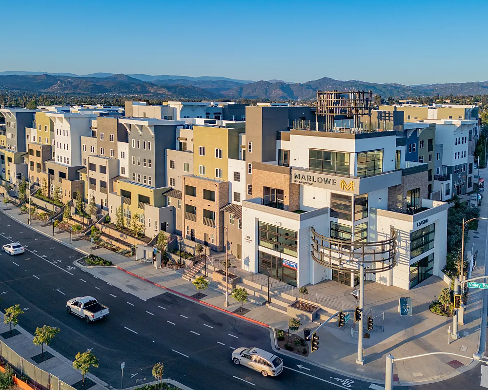 Rendering of building exterior of Marlowe Palomar Heights townhomes in San Diego, CA.