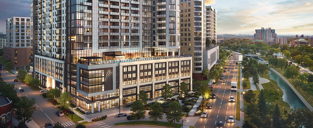 Modern high-rise apartment complex with sleek glass facade, offering stunning city views and proximity to a scenic river, perfect for urban living.