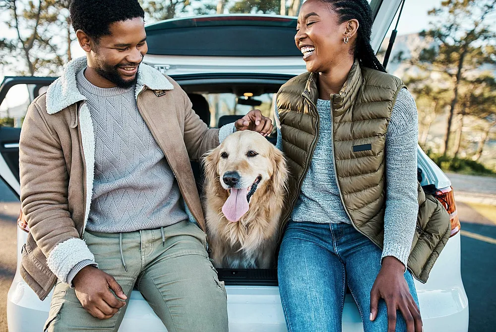 Happy couple enjoying a sunny day outdoors with their golden retriever, sitting at the back of a car and smiling.