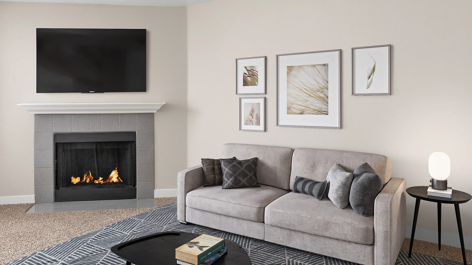 Modern and inviting living room with fireplace