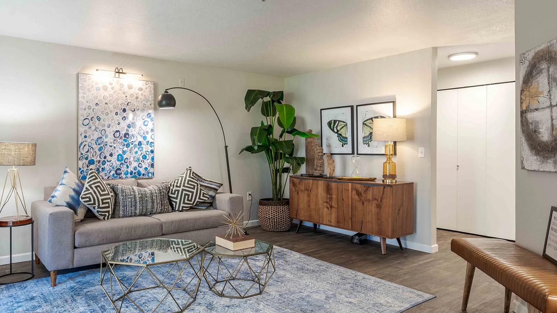 Modern living room featuring a stylish gray sofa with patterned cushions, a chic glass coffee table, vibrant artwork, and a lush indoor plant for a cozy and inviting atmosphere.