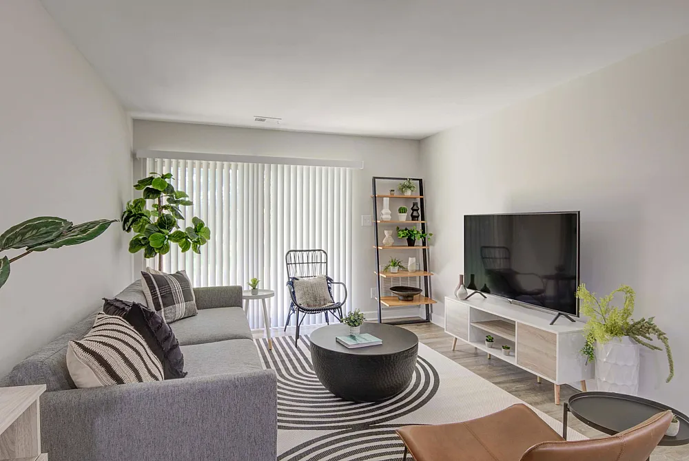 Bright and modern living room with sleek furniture, a cozy gray sofa, large TV, and chic decor elements, illuminated by natural light through vertical blinds.