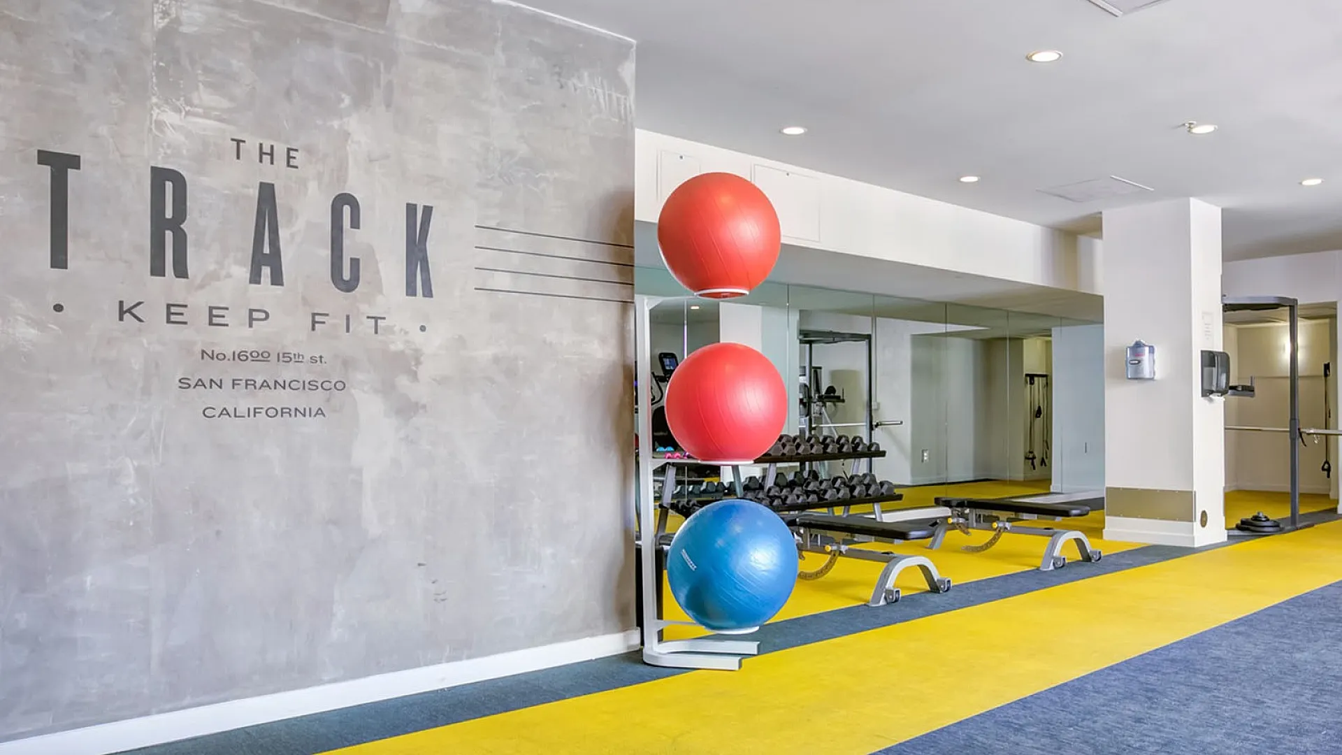 Modern fitness center in San Francisco featuring vibrant exercise balls, sleek workout benches, and mirrored walls, offering an energetic workout environment.