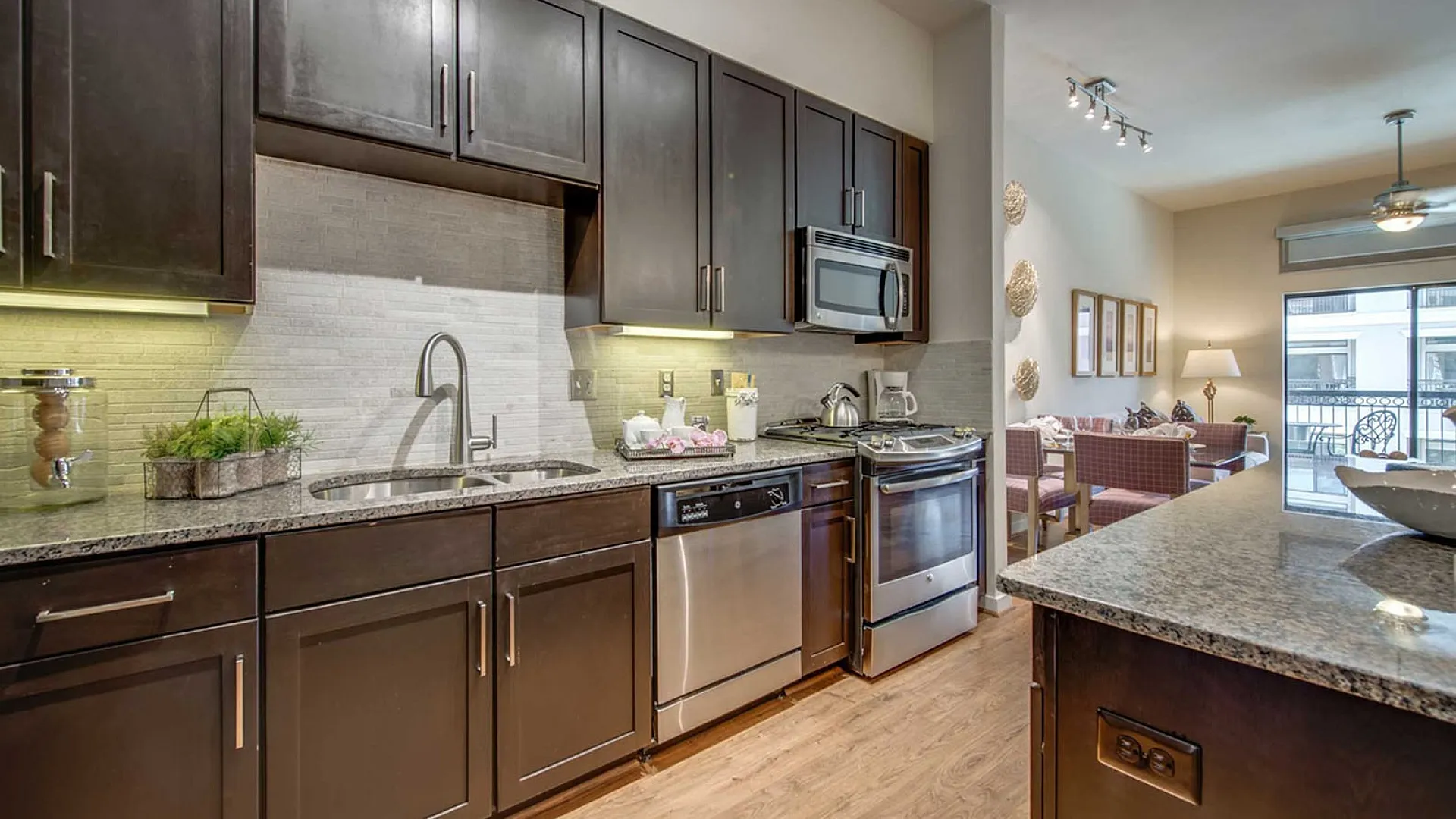 Chic modern kitchen with sleek dark cabinets and stainless steel appliances opening into a bright and inviting living area with stylish decor.