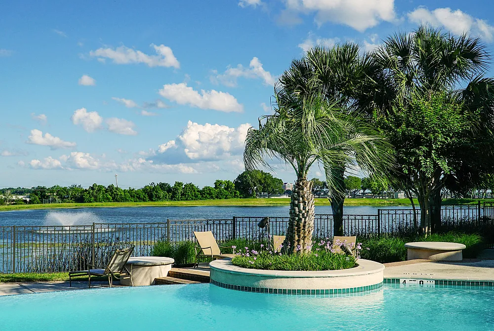 Luxurious outdoor pool area with tropical palm trees, sun loungers, and a serene view of the blue sky and landscape.