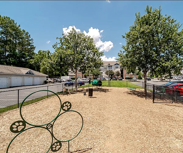 Charming community park area with vibrant green trees, playful dog park, and convenient parking, perfect for outdoor enjoyment.