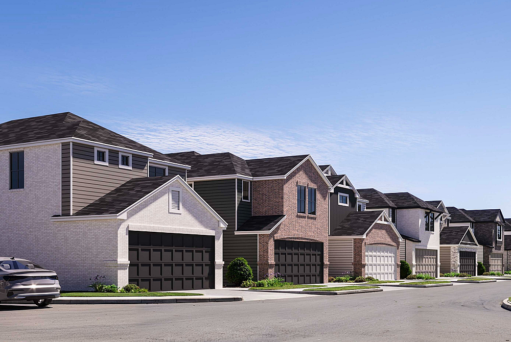 Charming Summerwell Marvida street with modern two-story homes, each featuring stylish facades and well-manicured lawns under a clear blue sky.