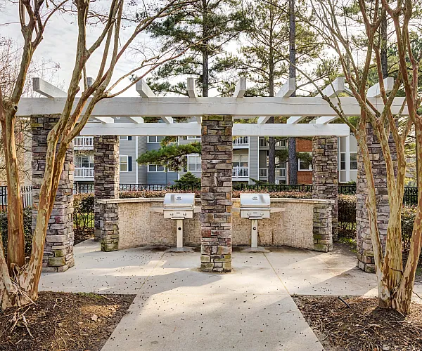 Charming outdoor grilling area with stone columns and modern pergola, surrounded by lush trees in a serene community setting.