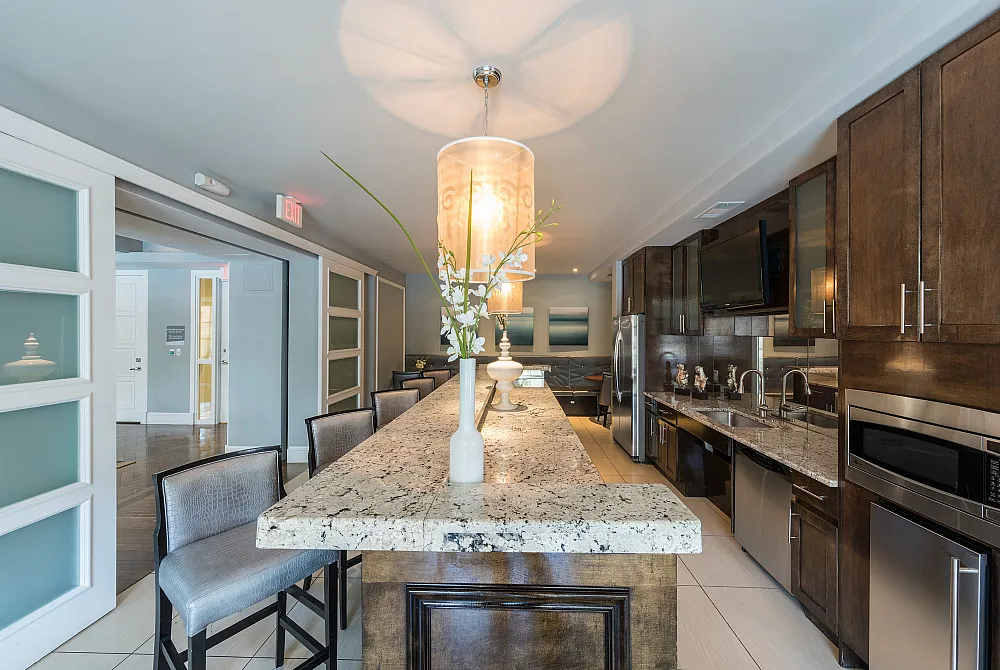 Chic modern kitchen with elegant granite countertops, stylish pendant lighting, and sleek stainless steel appliances.