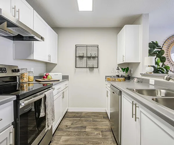 Modern kitchen with sleek stainless steel appliances, bright white cabinetry, and a stylish open layout perfect for culinary enthusiasts.