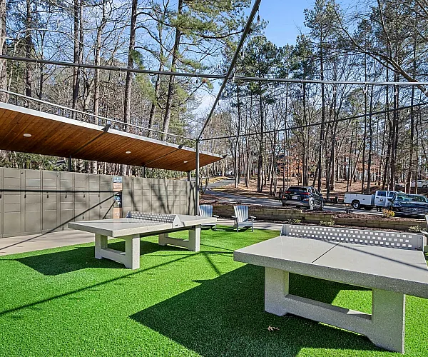 Inviting outdoor recreational area with modern ping pong tables on vibrant green turf, surrounded by a serene forest backdrop and stylish seating.