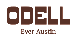Elegant brand logo for Odell Ever Austin featuring bold, modern typography in a rich brown color.