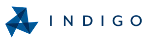 Modern logo design featuring a geometric dark blue origami shape adjacent to the 'INDIGO' brand name in bold, sleek font.