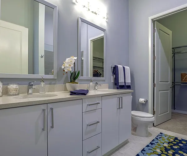 Elegant bathroom with modern fixtures, dual mirrors, and ample storage leading to a spacious walk-in closet.
