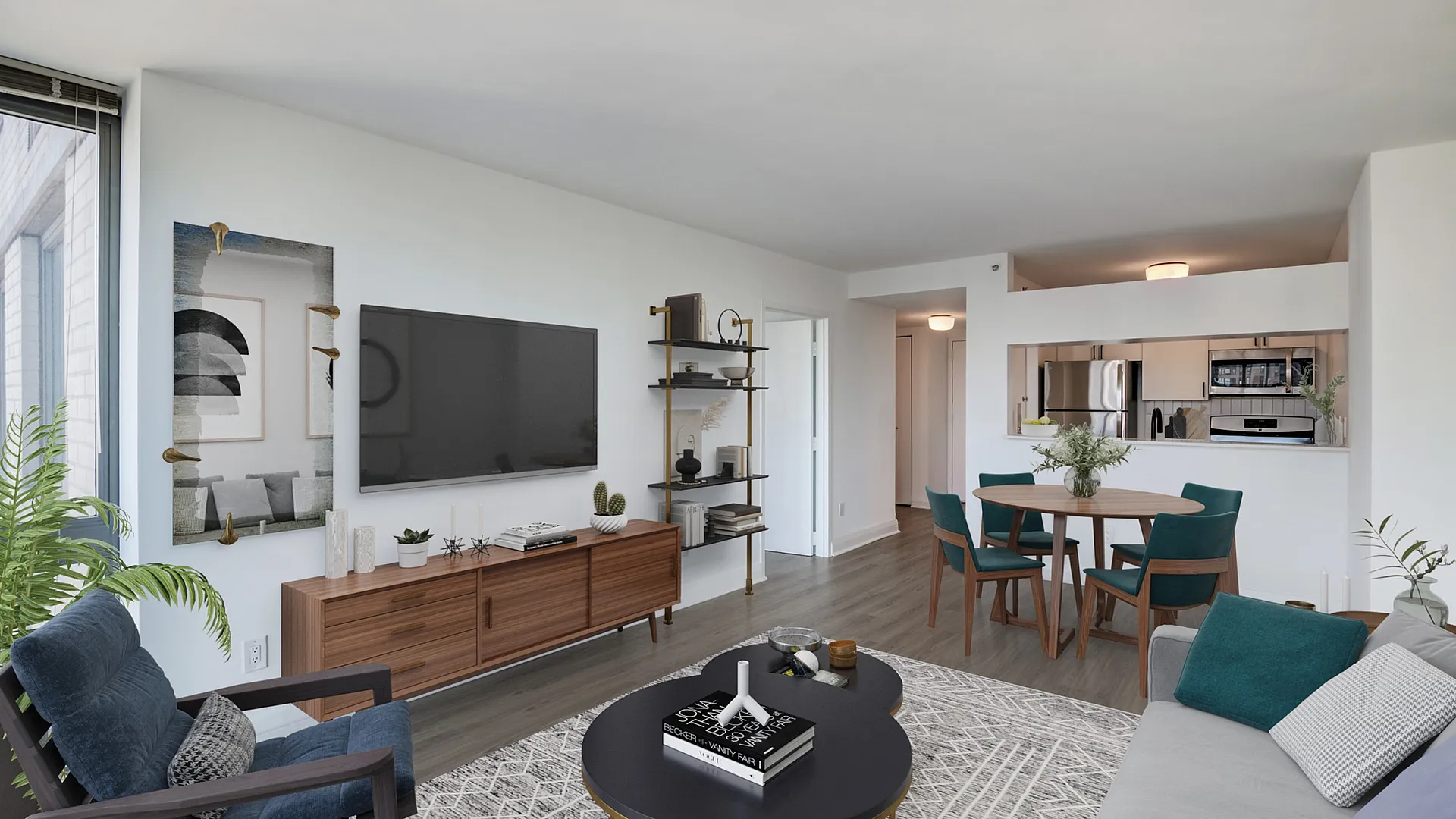 Modern living room with sleek furnishing, open-concept dining area, and stylish kitchen alcove, flooded with natural light and a chic decor aesthetic.