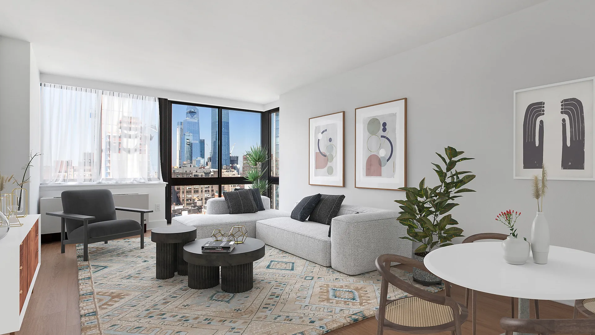 Luxurious living room with panoramic city view, featuring modern gray sofa, chic artwork, and elegant decor. Ideal urban retreat.