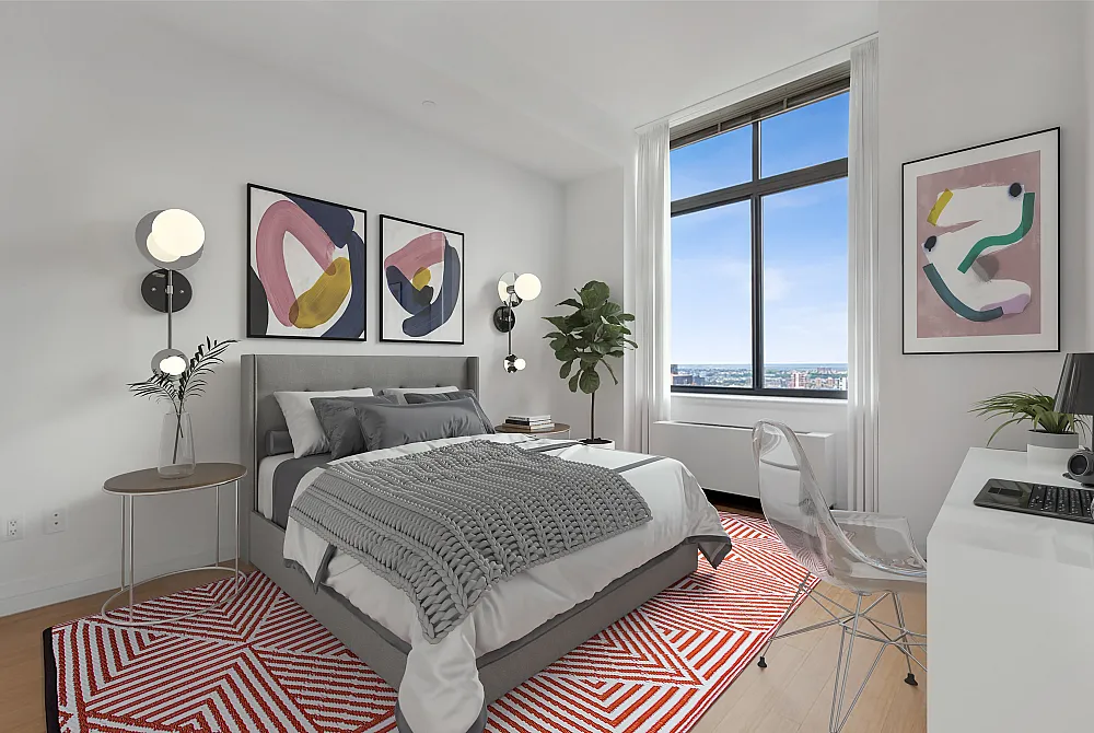 Elegant bedroom with stylish decor, featuring a cozy bed, modern artwork, and a large window with scenic city views.