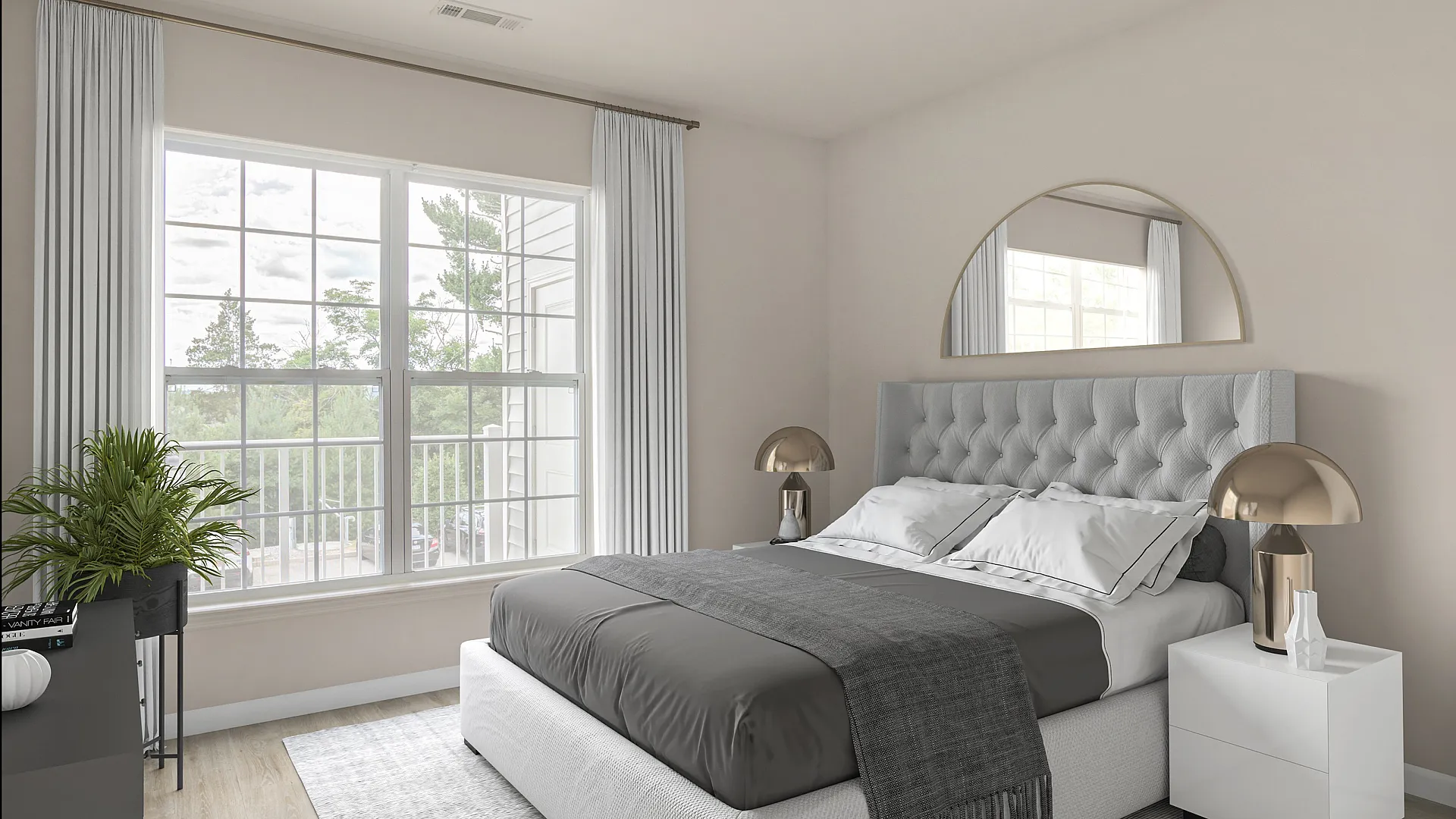 Elegant bedroom with tufted headboard, modern nightstand, and large window offering abundant natural light and scenic views.